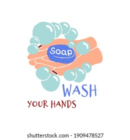 Wash hands soap, design for any purposes. Foam over hand. Coronavirus, pandemic. Hand drawn illustration on white background. Doodle style. Personal hygiene and a protect lifestyle. Freehand drawing.
