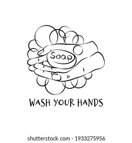 Wash hands soap, design for any purposes. Foam over hand. Coronavirus, pandemic. Hand drawn illustration on white background. Black line. Personal hygiene and a protect lifestyle. Freehand drawing.

