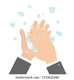 Lávese las manos con una burbuja de espuma de jabón. Dibujo humorístico de la mano del cuerpo. Detener el coronavirus COVID 19. Higiene personal, prevención de enfermedades. Diseño plano. Aislado. Fondo blanco. Vector