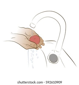Wash hands with soap under the faucet, hand hygiene. Color vector illustration.