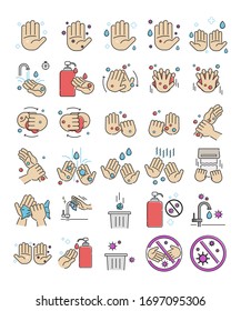 Wash hands with soap and
water to prevent passing on germs. Colored and line icons