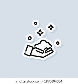 Wash hands sticker. Wash hands with soap icon. Health care concept. Healthcare wash hands with rinse water, tap, soap safety. Vector on isolated background. EPS 10.