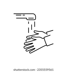 Wash hands under running tap water, black line icon. Drops of water or disinfection on hands. Vector illustration flat design. Personal hygiene. Disinfection, skin care. Antibacterial washing.