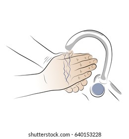 Wash hands under the tap. Colored vector illustration on a theme of hygiene.