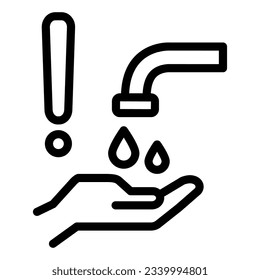 Lávese las manos bajo el icono de la línea del grifo, el concepto de higiene personal, mantenga las manos limpias con el signo de exclamación sobre el fondo blanco, limpie las manos y evite el icono covid-19 con el estilo del contorno. Gráficos vectoriales