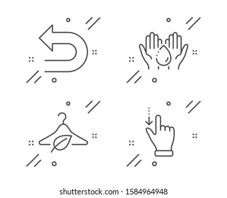 Wash hands, Undo and Slow fashion line icons set. Touchscreen gesture sign. Skin care, Left turn, Eco tested. Slide down. Business set. Line wash hands outline icon. Vector