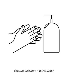 Wash hands vector icon. Liquid soap dispenser. Virus protection. Anti covid-19 measures. Minimalist line art illustration isolated on white background.
