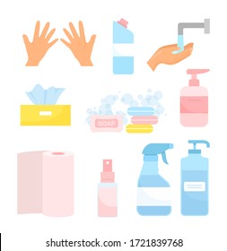 Wash hands vector illustration. Cartoon flat hygiene icon set with soap cleanser, spray sanitizer in bottle, disinfect cleansing gel, medical disinfectant for coronavirus protection isolated on white
