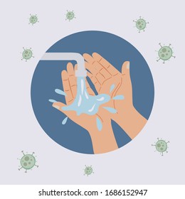 Wash hands vector instructions of washing or cleaning hands with soap and foam in water illustration antibacterial set of healthy skincare with bubbles isolated Vector