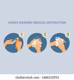 Wash hands vector instructions of washing or cleaning hands with soap and foam in water illustration antibacterial set of healthy skincare with bubbles isolated Vector