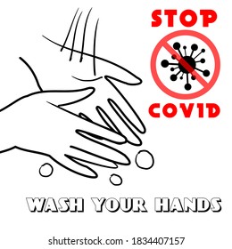 wash hands vector, stop spread of covid-19 sign vector, water drop vector, wash your hands sign vector, stop covid red sign, hand drawn, authentic original design