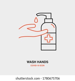 Wash Hands, Washing Gel Colored Line Icon on Isolated Background. COVID-19, Corona Virus, Healthcare, Infection Concept Icon.