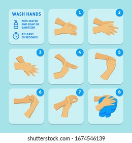 Wash hands with water and soap or sanitizer at least 20 seconds. Infographic of how to wash hands. prevent viruses and bacteria. Infographic, Logo, symbol & how to prevent.