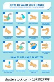 Wash hands with water and soap and sanitizer at least 20 seconds. Disease prevention and healthcare educational infographic: how to wash your hands properly step by step and how to use hand sanitizer.