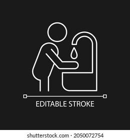 Wash hands white linear icon for dark theme. Protection measure during epidemic. Healthy habit. Thin line customizable illustration. Isolated vector contour symbol for night mode. Editable stroke