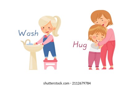 Wash and Hug English action verbs for kids education set. Children doing daily routine activities vector illustration