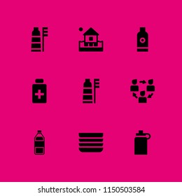 wash icon. 9 wash set with toothbrush, dishes, antiseptic and shampoo vector icons for web and mobile app