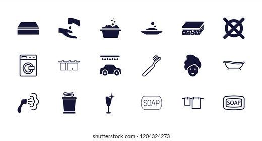 Wash icon. collection of 18 wash filled and outline icons such as washing machine, toothbrush, soap, cloth hanging, bath, spa mask. editable wash icons for web and mobile.
