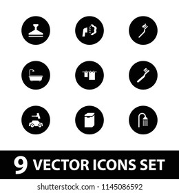 Wash icon. collection of 9 wash filled icons such as toothbrush, cloth hanging, shower. editable wash icons for web and mobile.