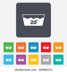 Wash icon. Machine washable at 20 degrees symbol. Rounded squares 11 buttons. Vector