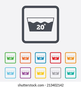 Wash icon. Machine washable at 20 degrees symbol. Round squares buttons with frame. Vector