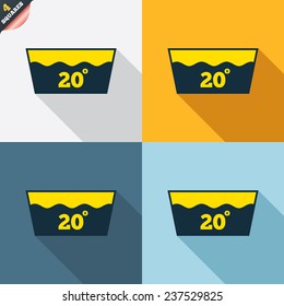 Wash icon. Machine washable at 20 degrees symbol. Four squares. Colored Flat design buttons. Vector