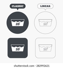 Wash icon. Machine washable at 20 degrees symbol. Classic and line web buttons. Circles and squares. Vector