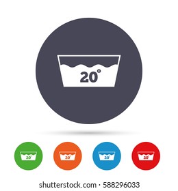 Wash icon. Machine washable at 20 degrees symbol. Round colourful buttons with flat icons. Vector