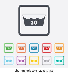 Wash icon. Machine washable at 30 degrees symbol. Round squares buttons with frame. Vector