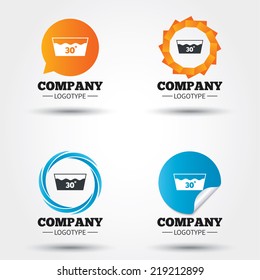 Wash icon. Machine washable at 30 degrees symbol. Business abstract circle logos. Icon in speech bubble, wreath. Vector