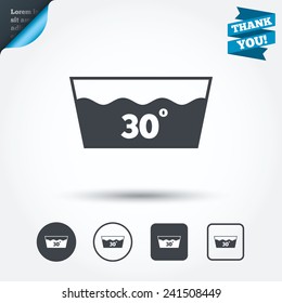 Wash icon. Machine washable at 30 degrees symbol. Circle and square buttons. Flat design set. Thank you ribbon. Vector