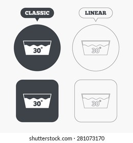 Wash icon. Machine washable at 30 degrees symbol. Classic and line web buttons. Circles and squares. Vector