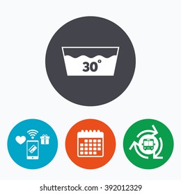 Wash icon. Machine washable at 30 degrees symbol. Mobile payments, calendar and wifi icons. Bus shuttle.