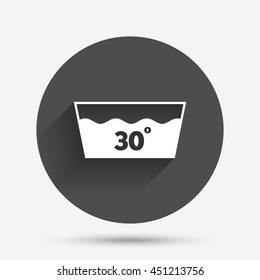 Wash icon. Machine washable at 30 degrees symbol. Circle flat button with shadow. Vector
