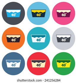 Wash icon. Machine washable at 40 degrees symbol. Colored round buttons. Flat design circle icons set. Vector