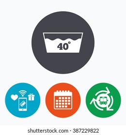Wash icon. Machine washable at 40 degrees symbol. Mobile payments, calendar and wifi icons. Bus shuttle.