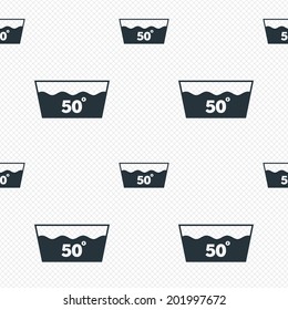 Wash icon. Machine washable at 50 degrees symbol. Seamless grid lines texture. Cells repeating pattern. White texture background. Vector