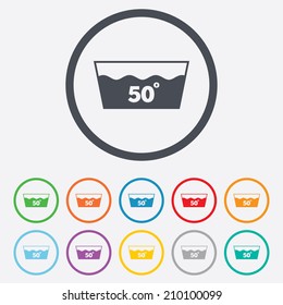 Wash icon. Machine washable at 50 degrees symbol. Round circle buttons with frame. Vector