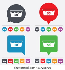 Wash icon. Machine washable at 50 degrees symbol. Speech bubbles information icons. 24 colored buttons. Vector