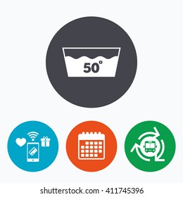 Wash icon. Machine washable at 50 degrees symbol. Mobile payments, calendar and wifi icons. Bus shuttle.