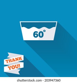 Wash icon. Machine washable at 60 degrees symbol. White flat icon with long shadow. Paper ribbon label with Thank you text. Vector