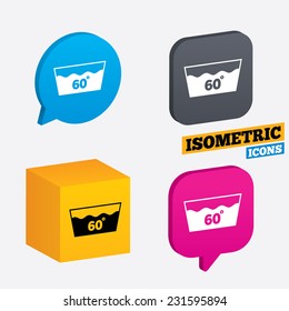 Wash icon. Machine washable at 60 degrees symbol. Isometric speech bubbles and cube. Rotated icons with edges. Vector