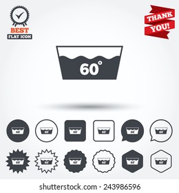 Wash icon. Machine washable at 60 degrees symbol. Circle, star, speech bubble and square buttons. Award medal with check mark. Thank you. Vector