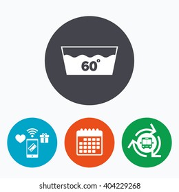 Wash icon. Machine washable at 60 degrees symbol. Mobile payments, calendar and wifi icons. Bus shuttle.