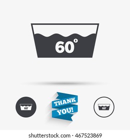 Wash icon. Machine washable at 60 degrees symbol. Flat icons. Buttons with icons. Thank you ribbon. Vector