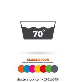 Wash icon. Machine washable at 70 degrees symbol. Classic flat icon. Colored circles. Vector