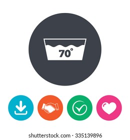 Wash icon. Machine washable at 70 degrees symbol. Download arrow, handshake, tick and heart. Flat circle buttons.