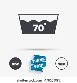 Wash icon. Machine washable at 70 degrees symbol. Flat icons. Buttons with icons. Thank you ribbon. Vector