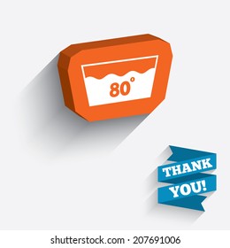 Wash icon. Machine washable at 80 degrees symbol. White icon on orange 3D piece of wall. Carved in stone with long flat shadow. Vector