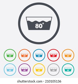 Wash icon. Machine washable at 80 degrees symbol. Round circle buttons with frame. Vector